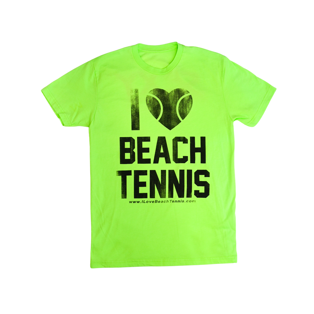 Men's I ❤️ Beach Tennis Crew Neck Tee in Neon Green & Distressed Black