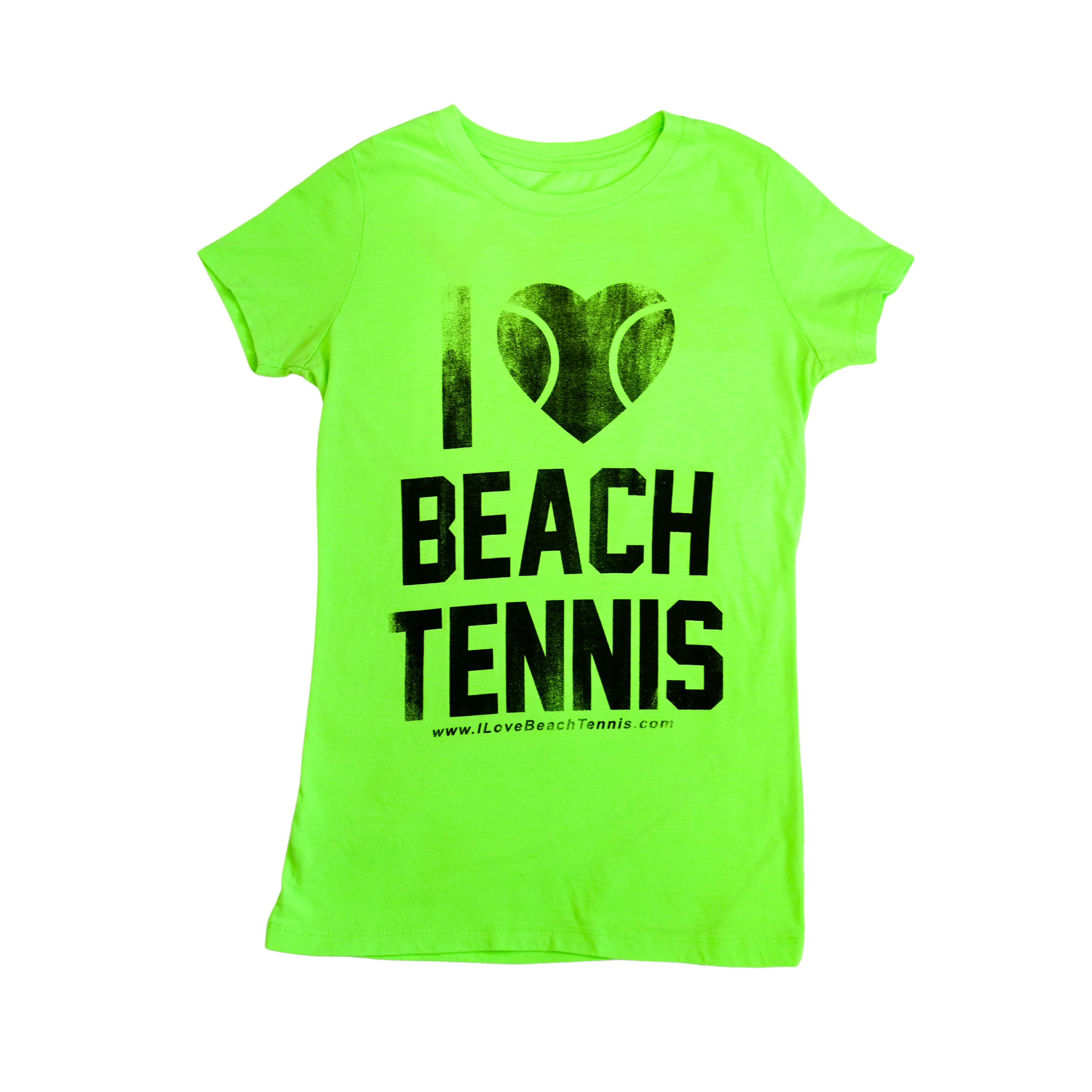 Women's I ❤️ Beach Tennis Crew Neck Tee in Neon Green & Distressed Black
