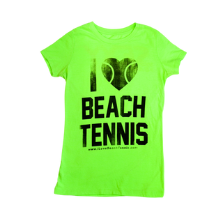 Camiseta feminina I ❤️ Beach Tennis com gola redonda em verde neon e preto desgastado