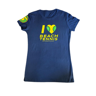 Gola redonda feminina I ❤️ Beach Tennis em azul marinho com amarelo/verde