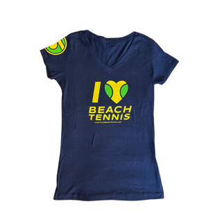 Feminino I ❤️ Beach Tennis Gola V em Azul Marinho com Amarelo/Verde