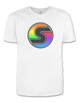 Camiseta masculina com logotipo "S" do arco-íris 