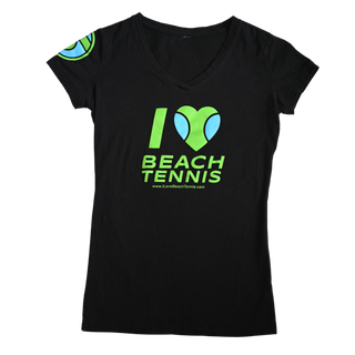 Feminino I ❤️ Beach Tennis Gola V em Preto com Azul/Verde