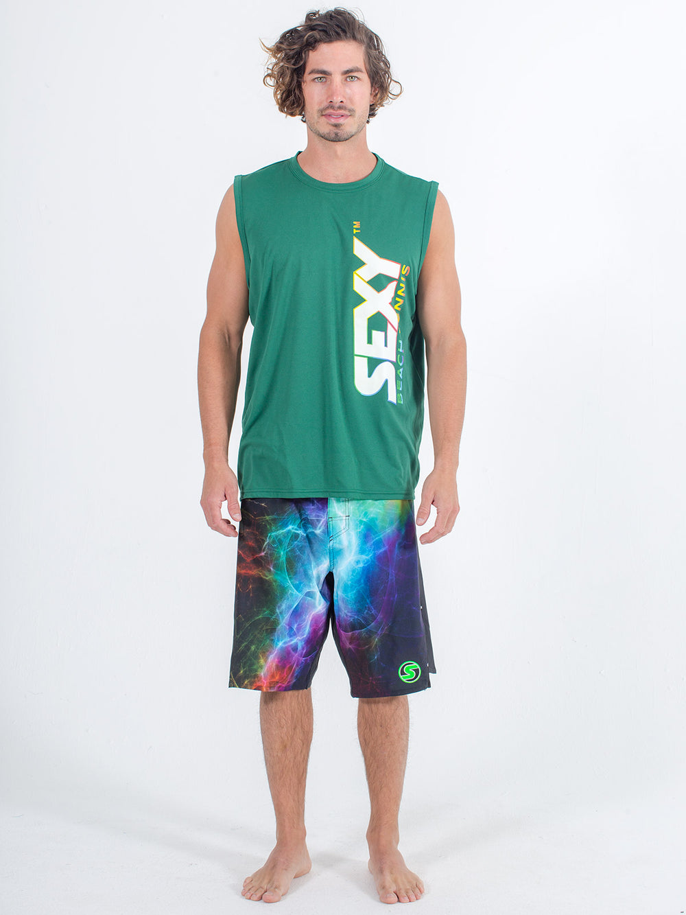 Sexy Brand Stay Dry Competition Tank in Green with boardshorts