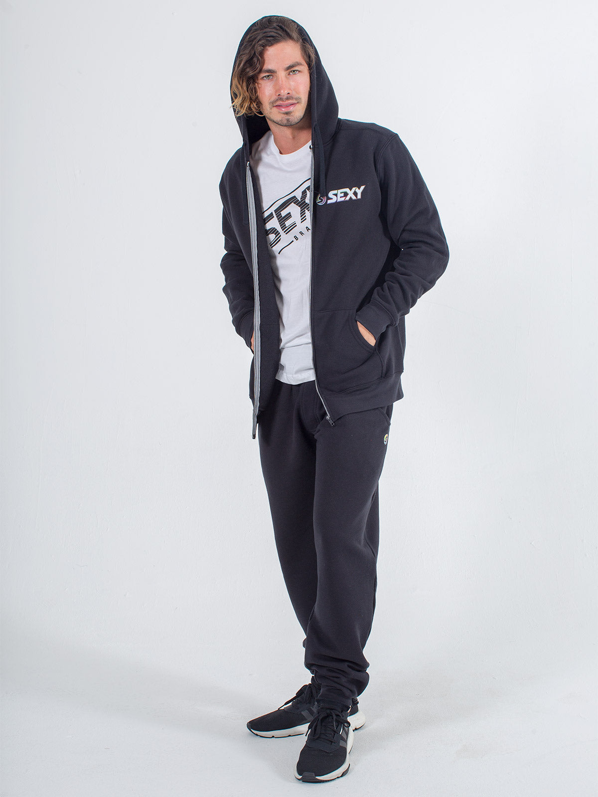 mens sweats joggers sexy brand in black with white t-shirt and black zip up hoodie